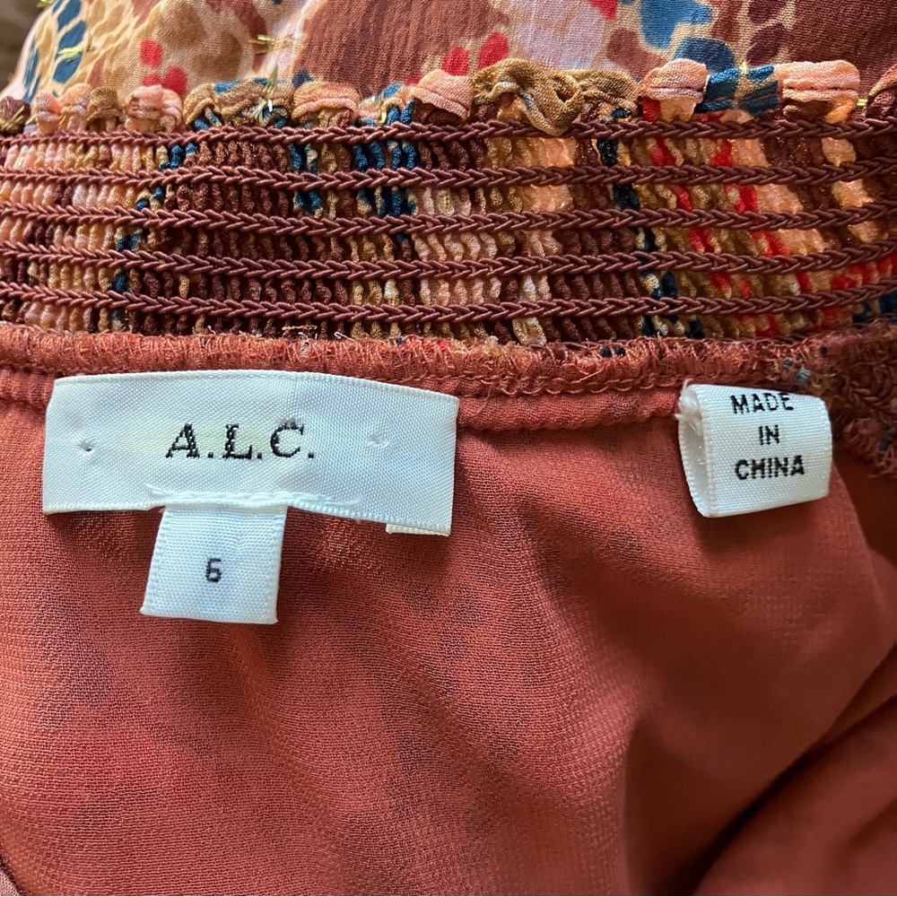 A.L.C. Silk Chiffon Metallic Thread Ginger Botanical Print Keyhole Blouse size 6 - Picture 6 of 10